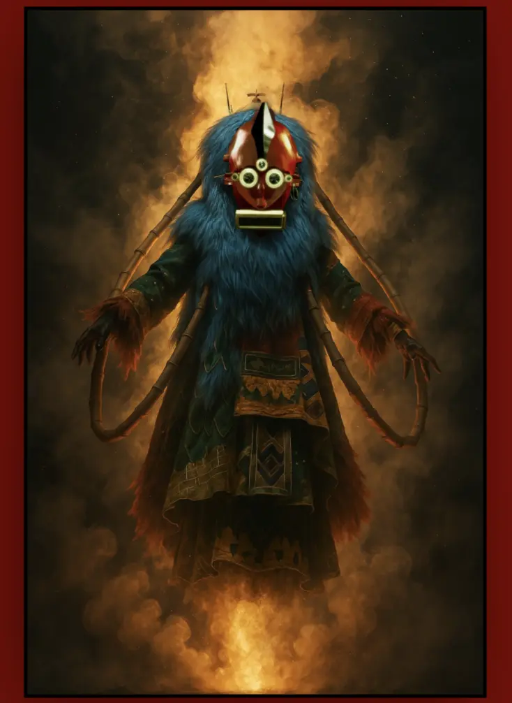 A mystical figure wearing a vibrant red mask and blue fur cloak hovers in a smoky, fiery background. The scene conveys an eerie, otherworldly atmosphere.